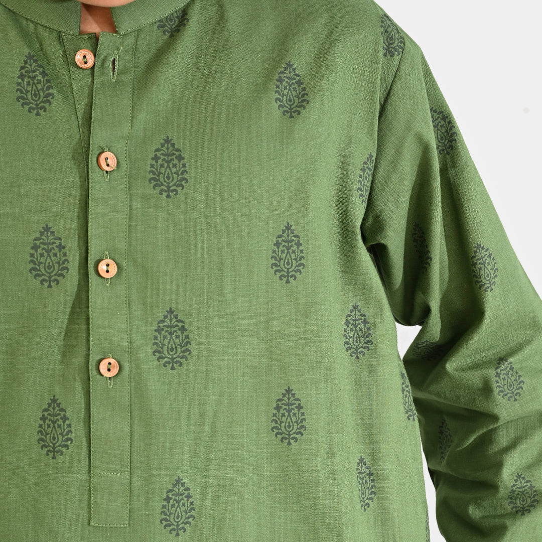 Boys Cotton Slub Kurta Pajama (Elm Green)-GREEN