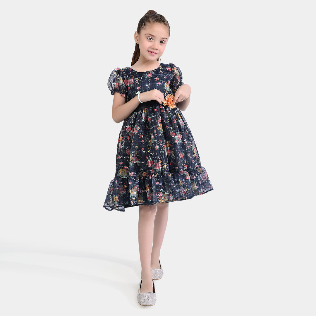 Girls Organza Fancy Frock Printed Flower-Blue