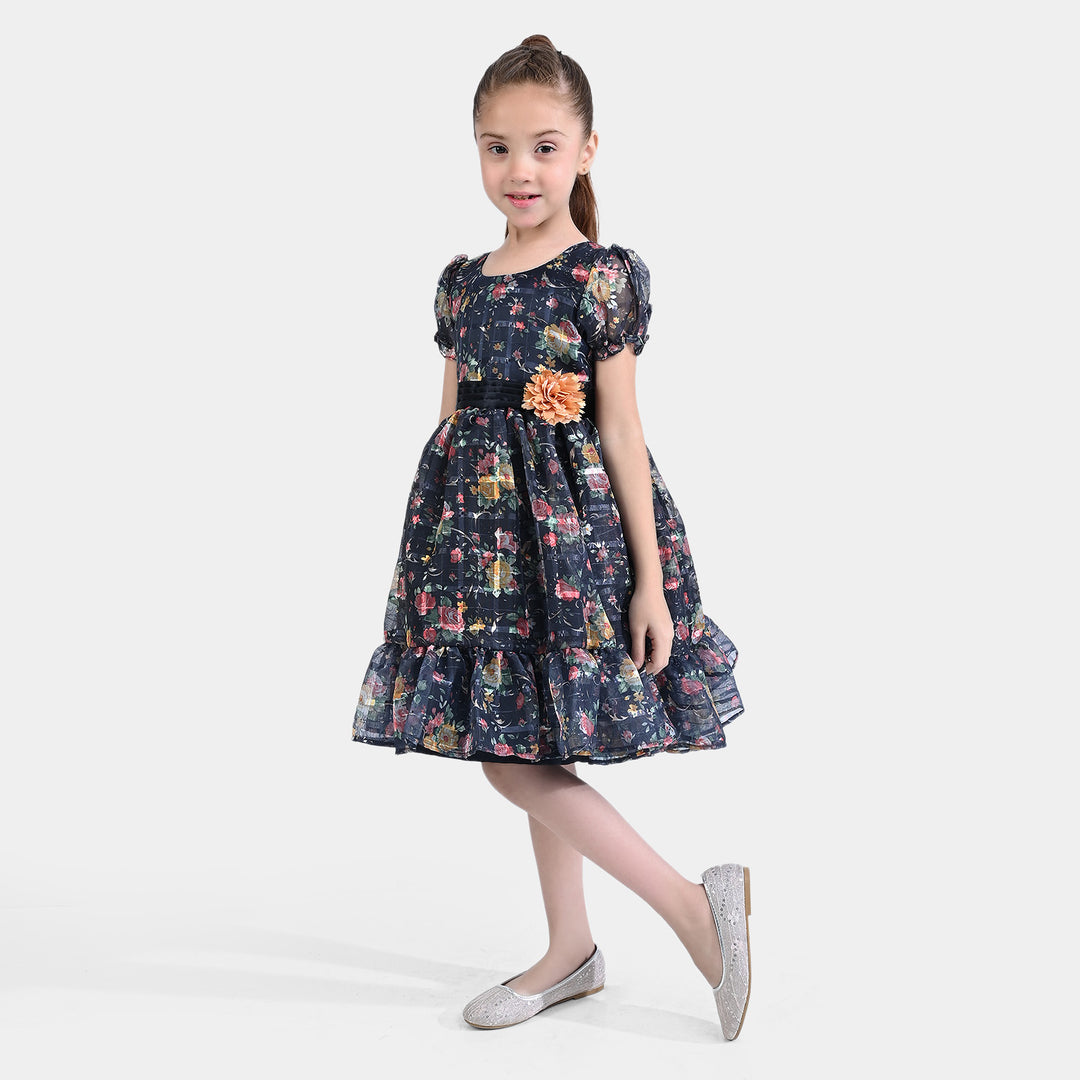 Girls Organza Fancy Frock Printed Flower-Blue