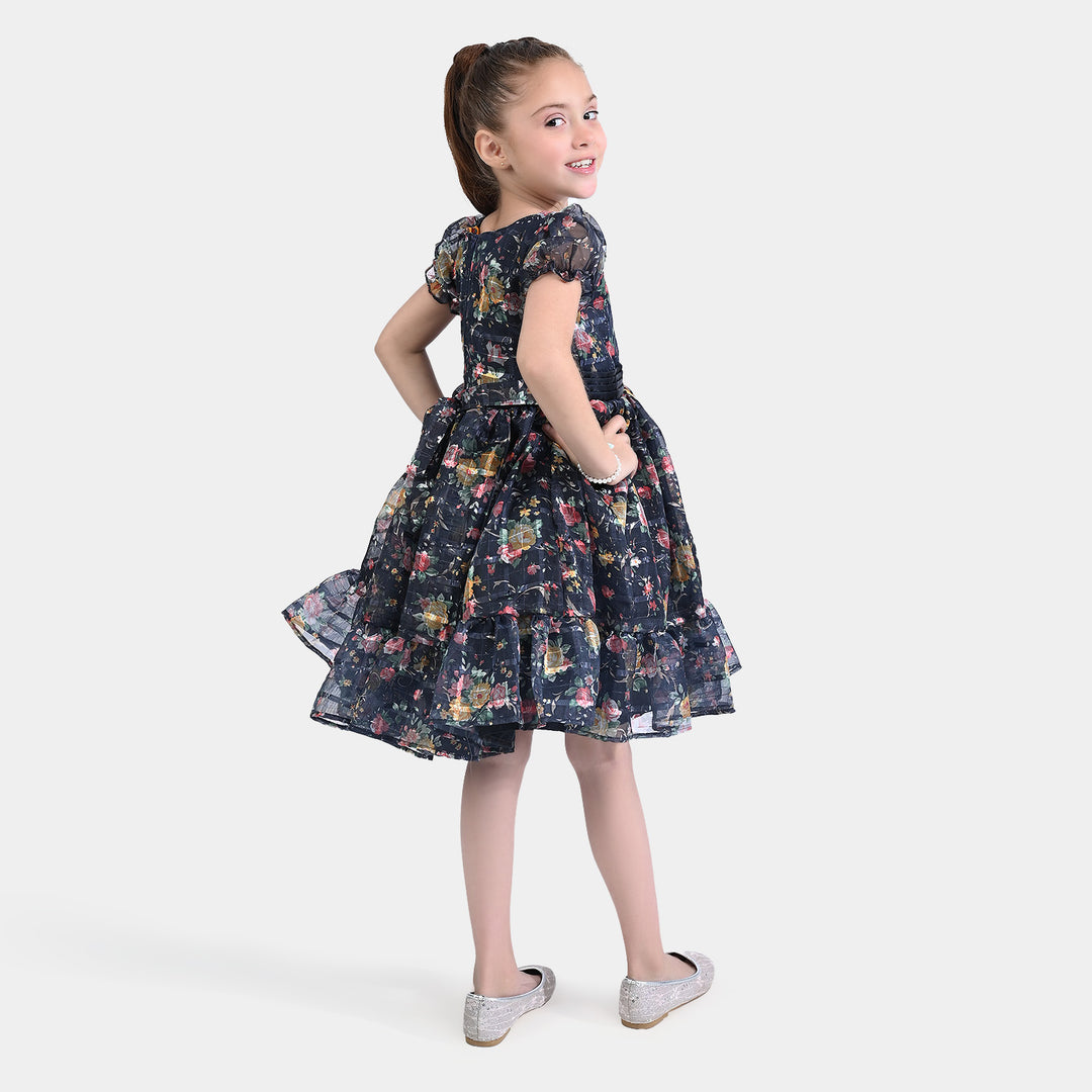 Girls Organza Fancy Frock Printed Flower-Blue