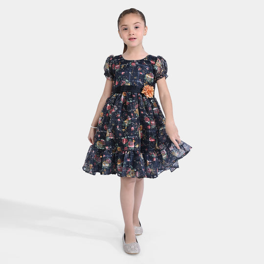 Girls Organza Fancy Frock Printed Flower-Blue