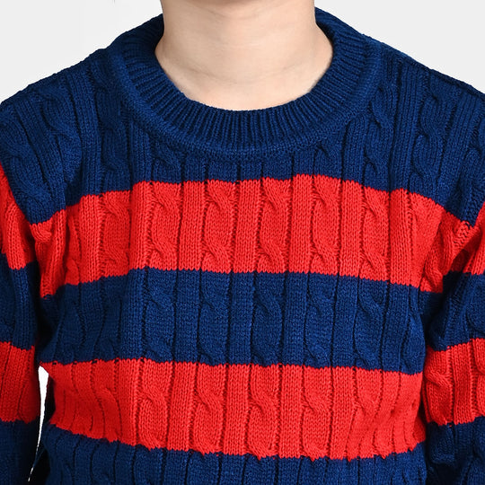 Boys Acrylic Sweater Cable Stripe-Navy/Red