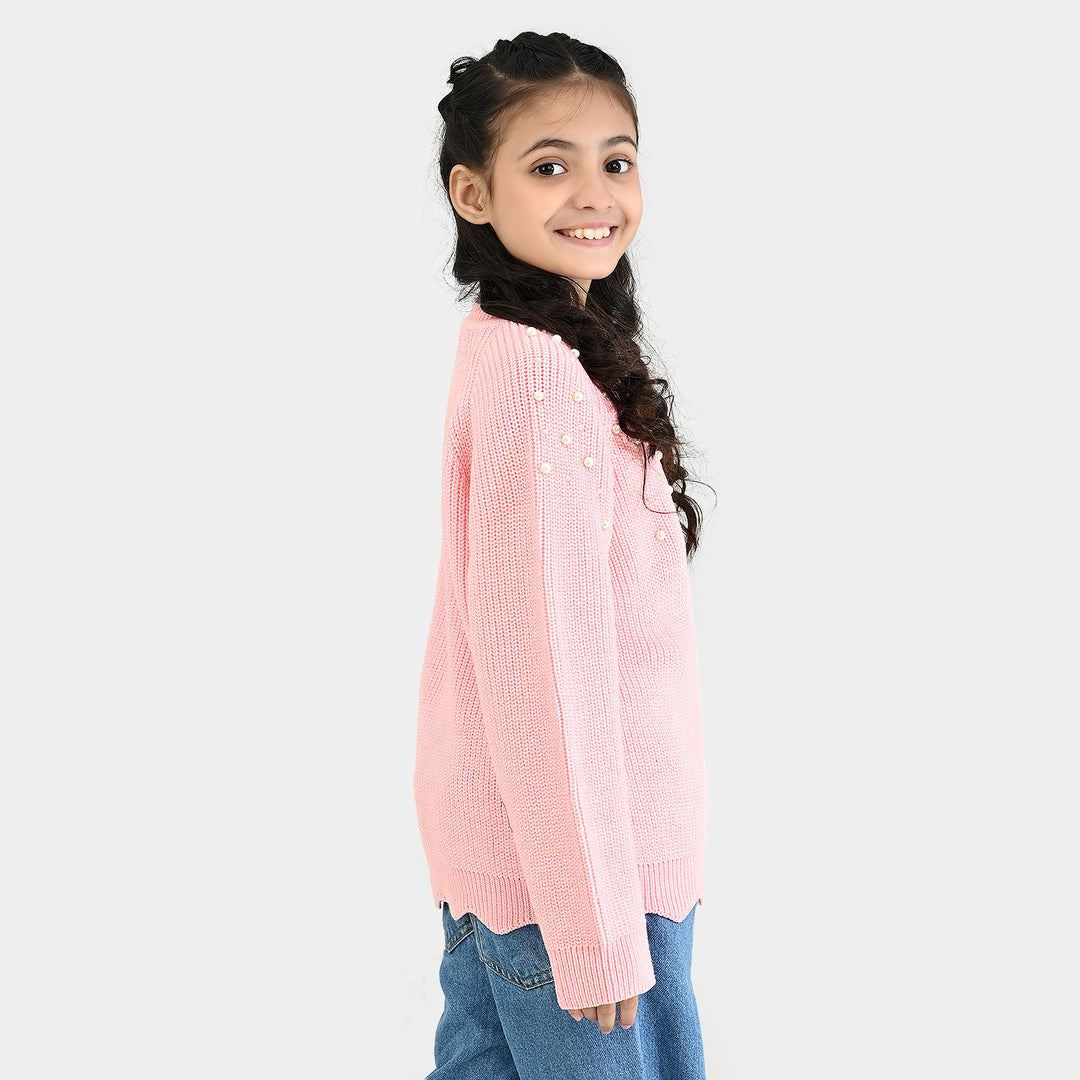 Girls Acrylic Sweater-Pearls-L.Pink