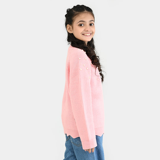 Girls Acrylic Sweater-Pearls-L.Pink
