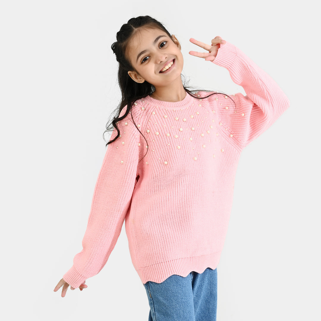Girls Acrylic Sweater-Pearls-L.Pink