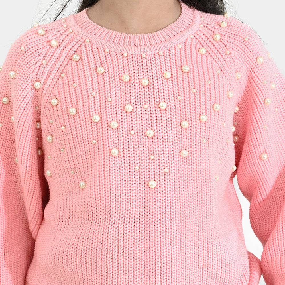 Girls Acrylic Sweater-Pearls-L.Pink