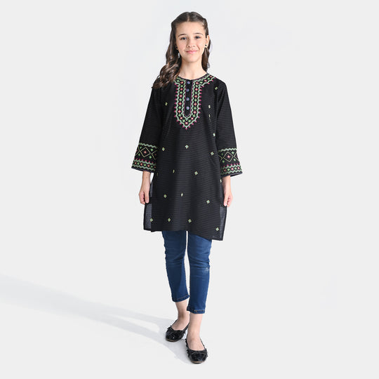 Girls Jacquard EMB Kurti Aqs-BLACK