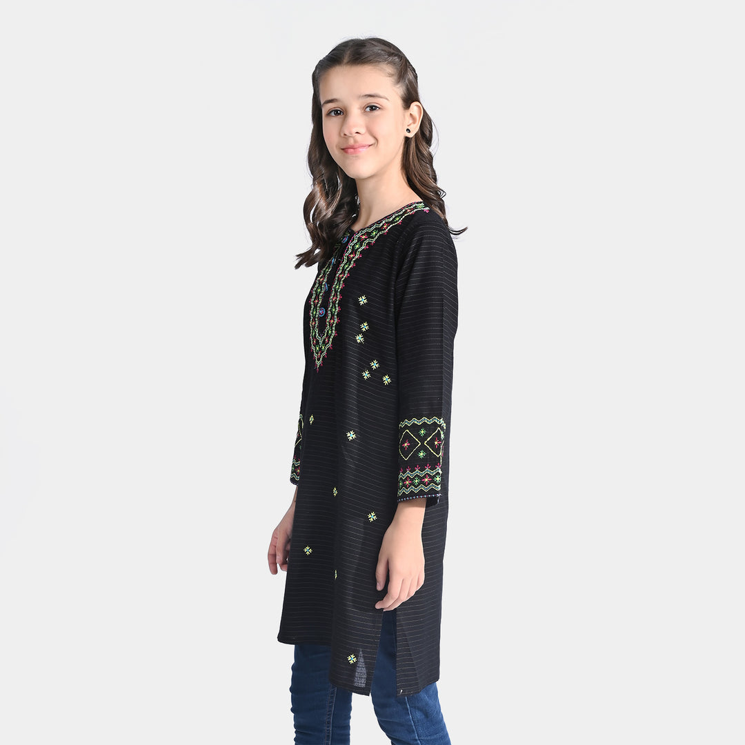 Girls Jacquard EMB Kurti Aqs-BLACK