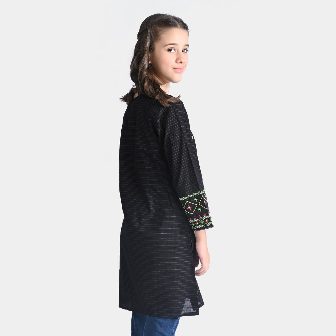 Girls Jacquard EMB Kurti Aqs-BLACK