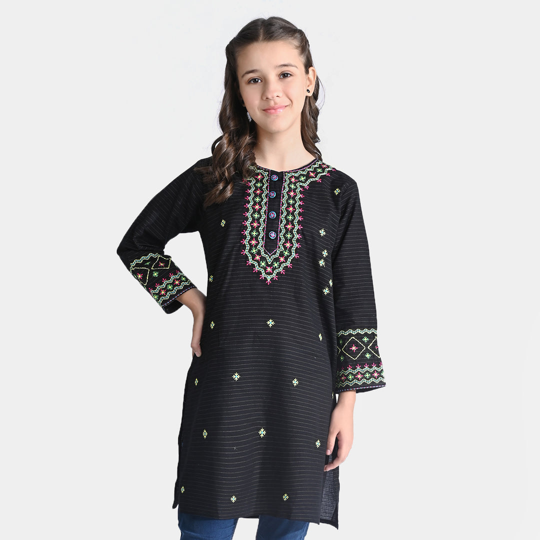 Girls Jacquard EMB Kurti Aqs-BLACK