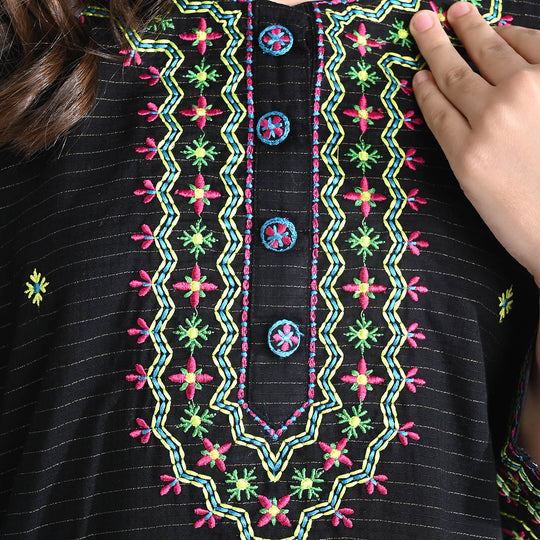 Girls Jacquard EMB Kurti Aqs-BLACK