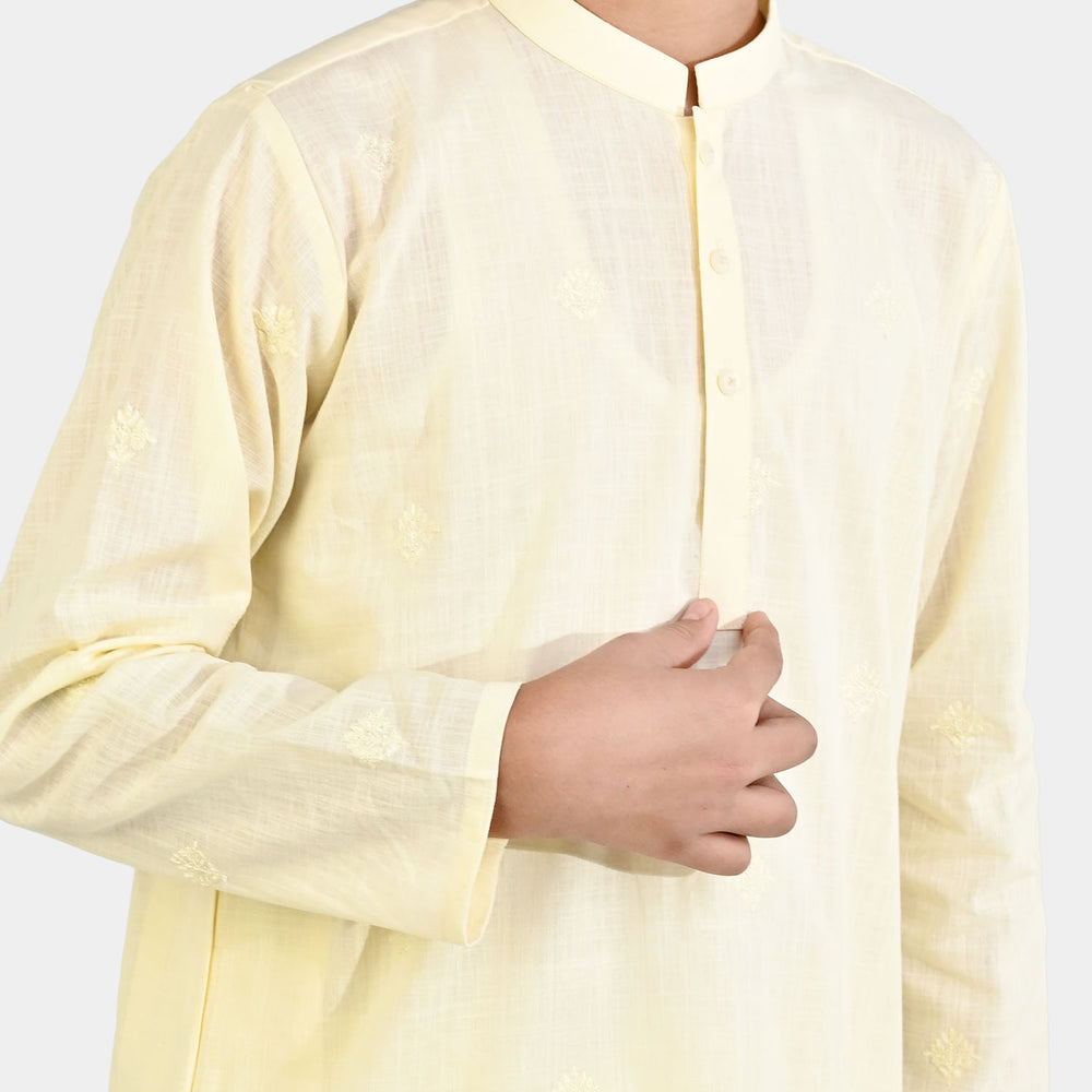 Boys Cotton Slub Kurta Pajama - Lemon/Yellow