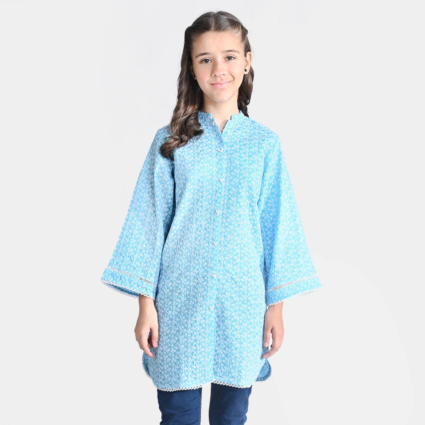 Girls Cotton Poplin Embroidered Kurti Pearls-LT.Blue