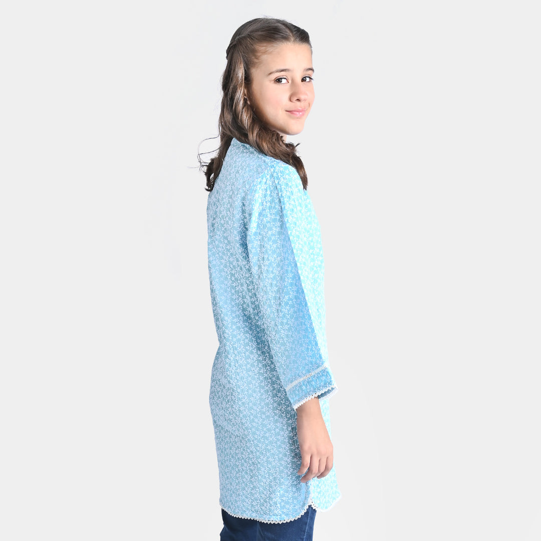 Girls Cotton Poplin Embroidered Kurti Pearls-LT.Blue