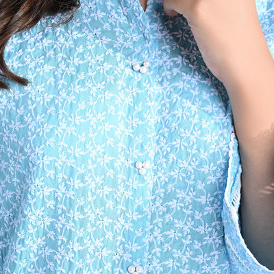 Girls Cotton Poplin Embroidered Kurti Pearls-LT.Blue