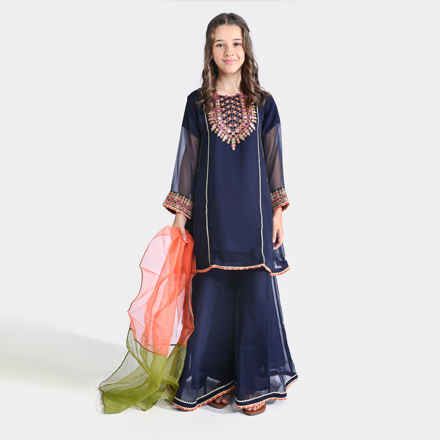 Girls Chiffon 3PC Suit Gul-e-Jahaan-Navy Blue