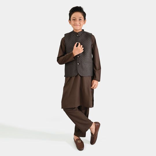 Boys Poly Viscose 3 Piece Suit (Earth Tone)-BROWN