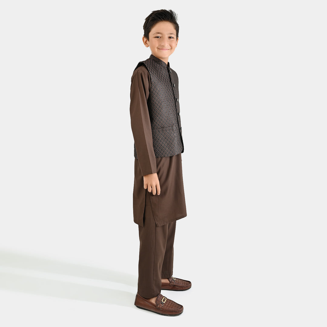 Boys Poly Viscose 3 Piece Suit (Earth Tone)-BROWN