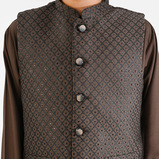Boys Poly Viscose 3 Piece Suit (Earth Tone)-BROWN