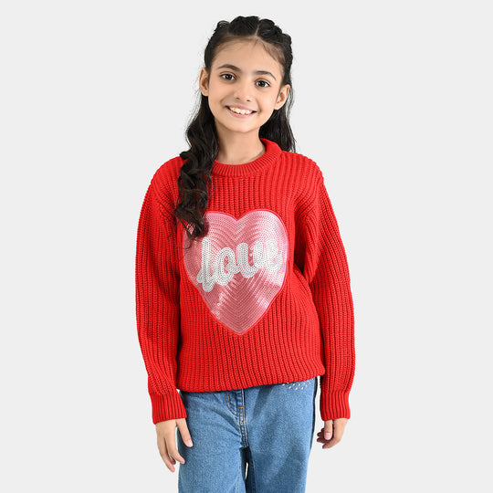 Girls Acrylic Sweater-Sequence Heart-Red