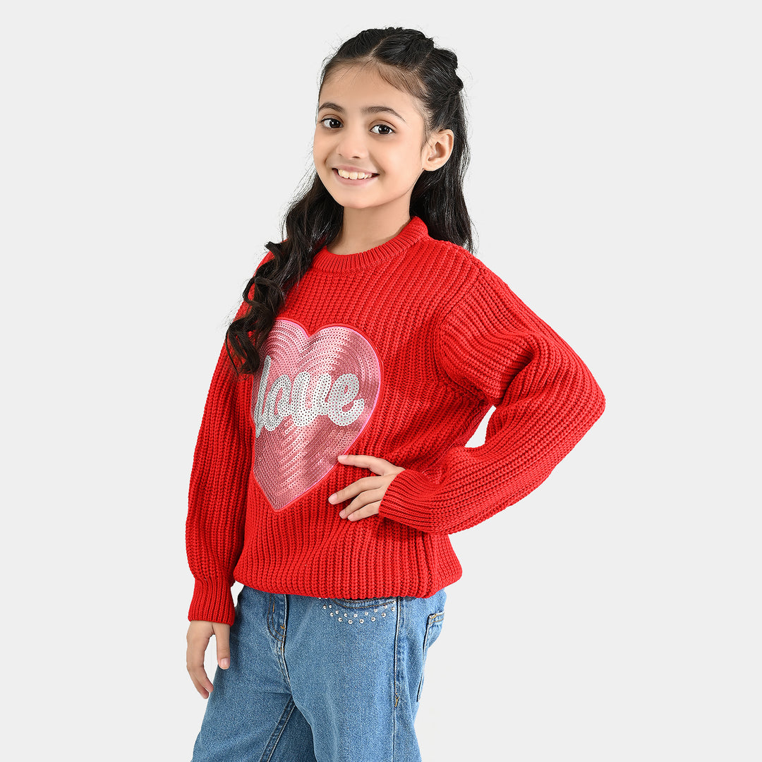 Girls Acrylic Sweater-Sequence Heart-Red