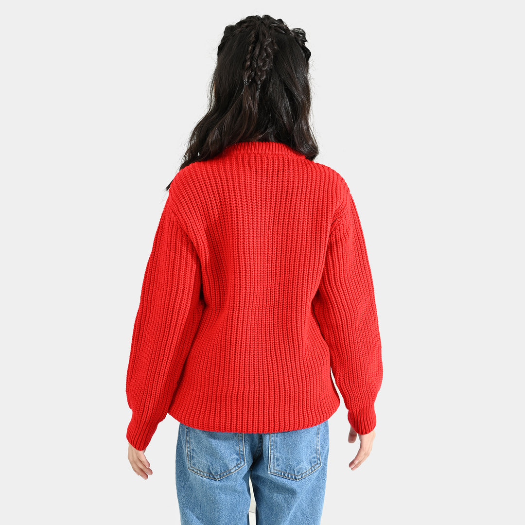Girls Acrylic Sweater-Sequence Heart-Red