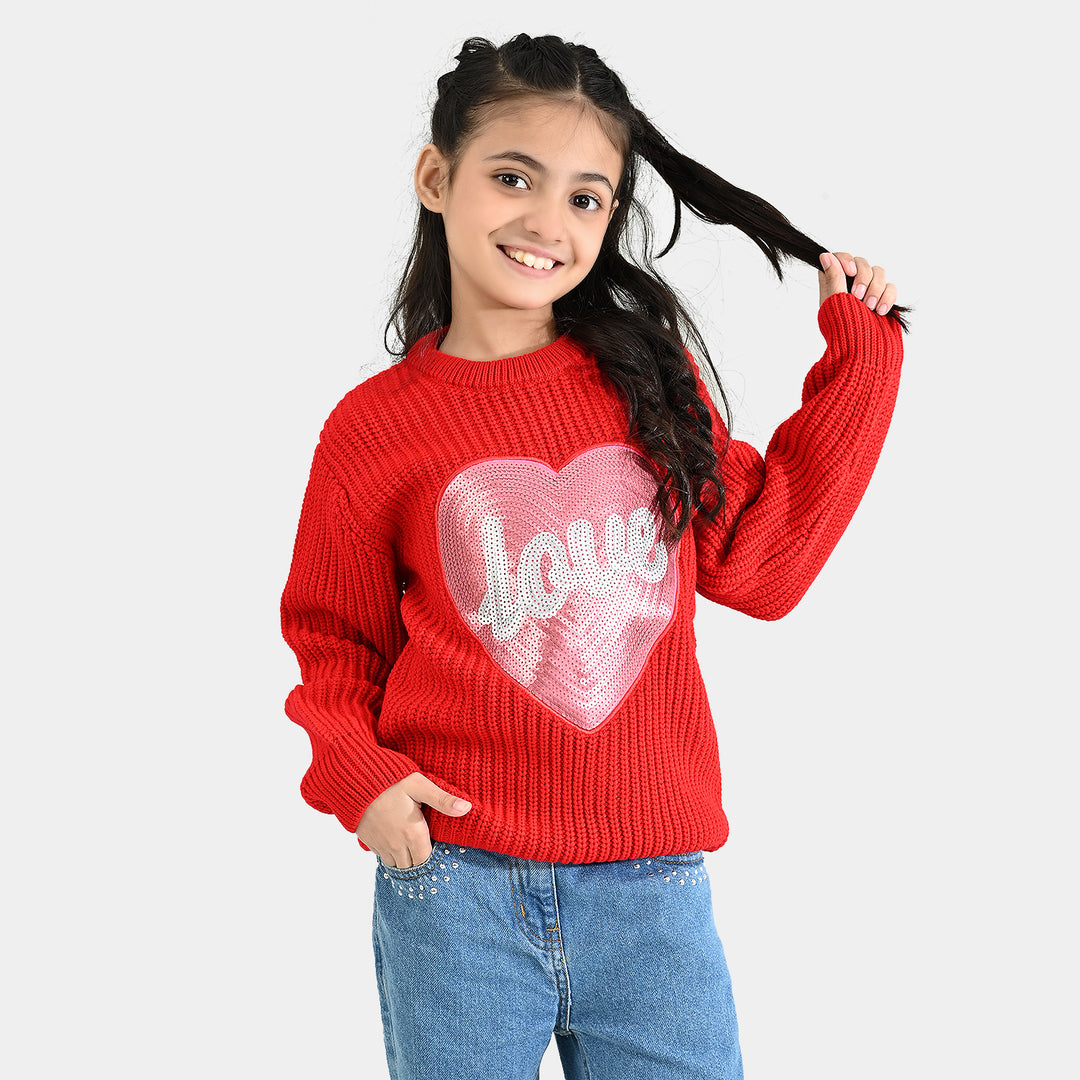Girls Acrylic Sweater-Sequence Heart-Red