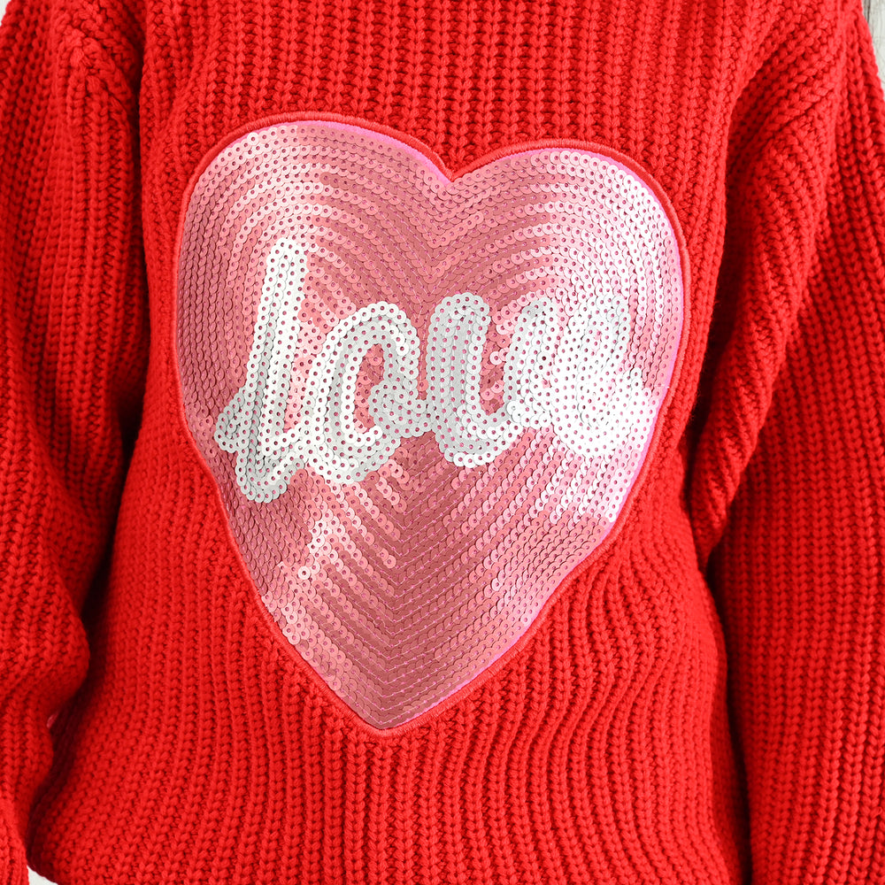 Girls Acrylic Sweater-Sequence Heart-Red