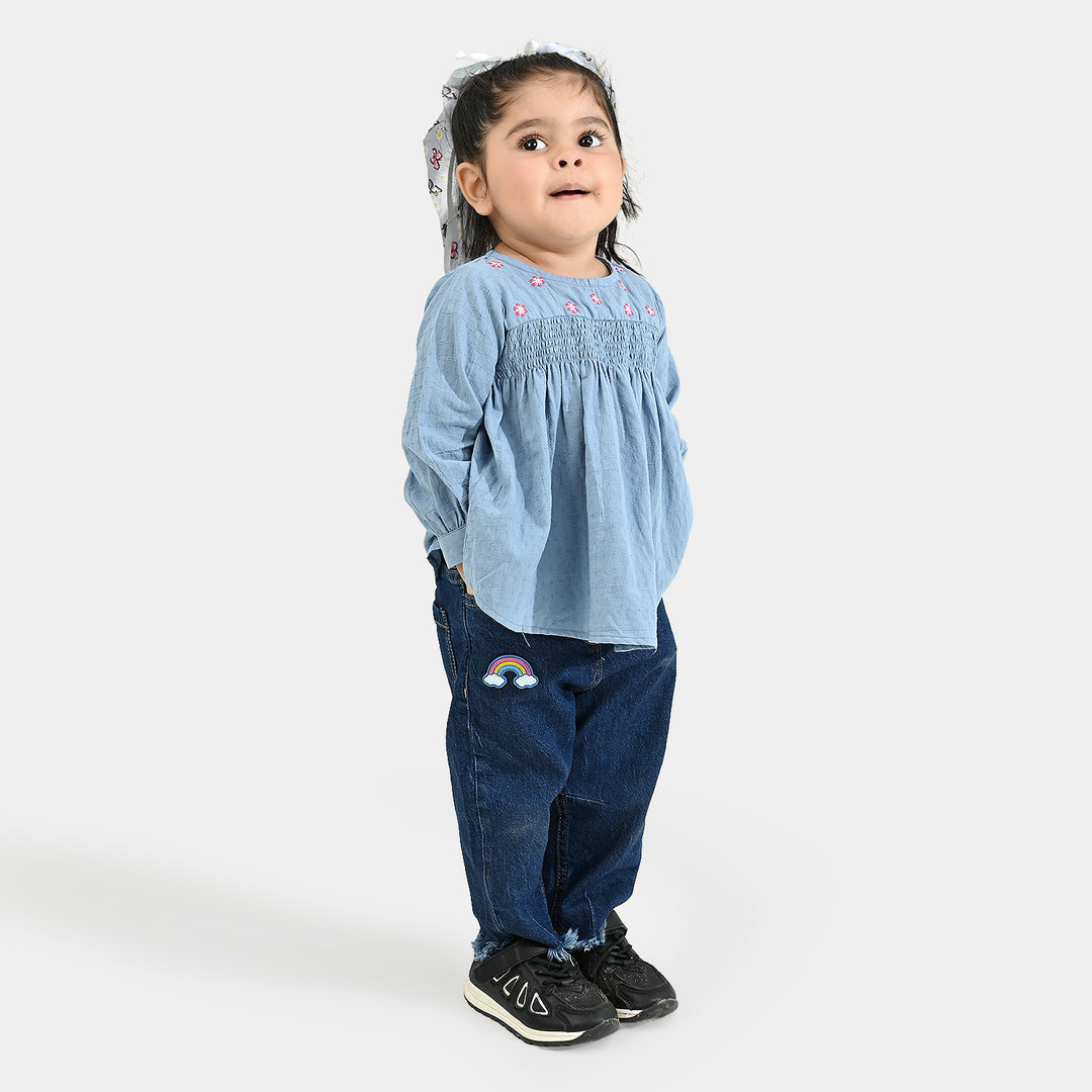 Infant Girls Dobby Emb Top Smoking Wiggle-Blue