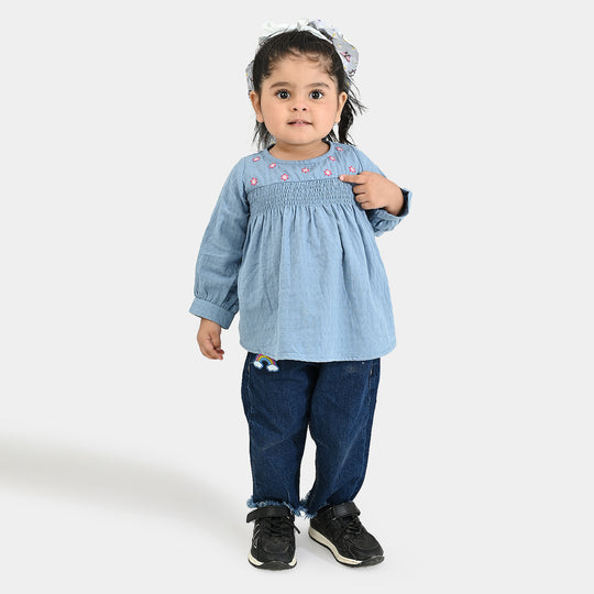 Infant Girls Dobby Emb Top Smoking Wiggle-Blue