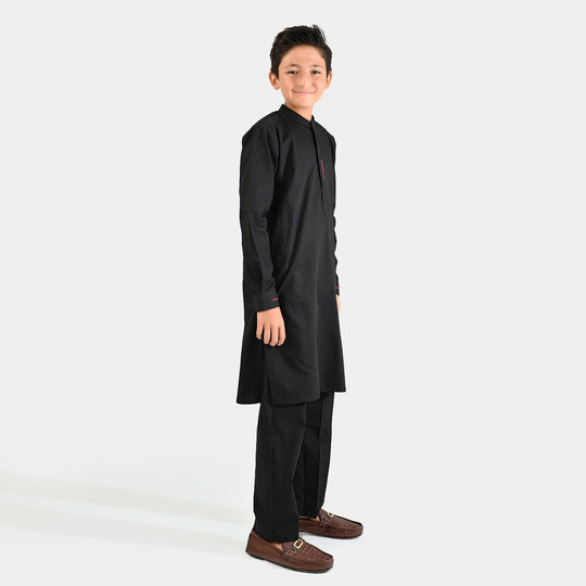 Boys Cotton Poplin Kurta Pajama (Black Studs)-BLACK