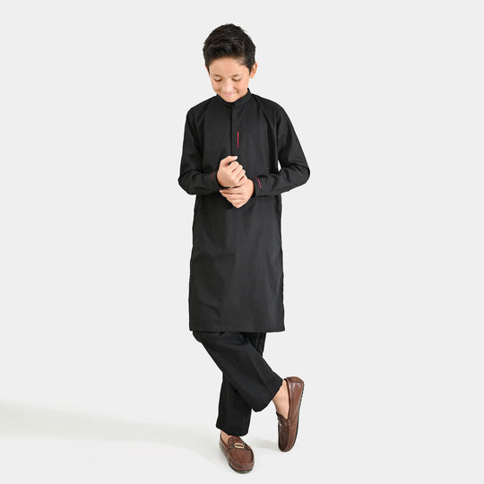 Boys Cotton Poplin Kurta Pajama (Black Studs)-BLACK