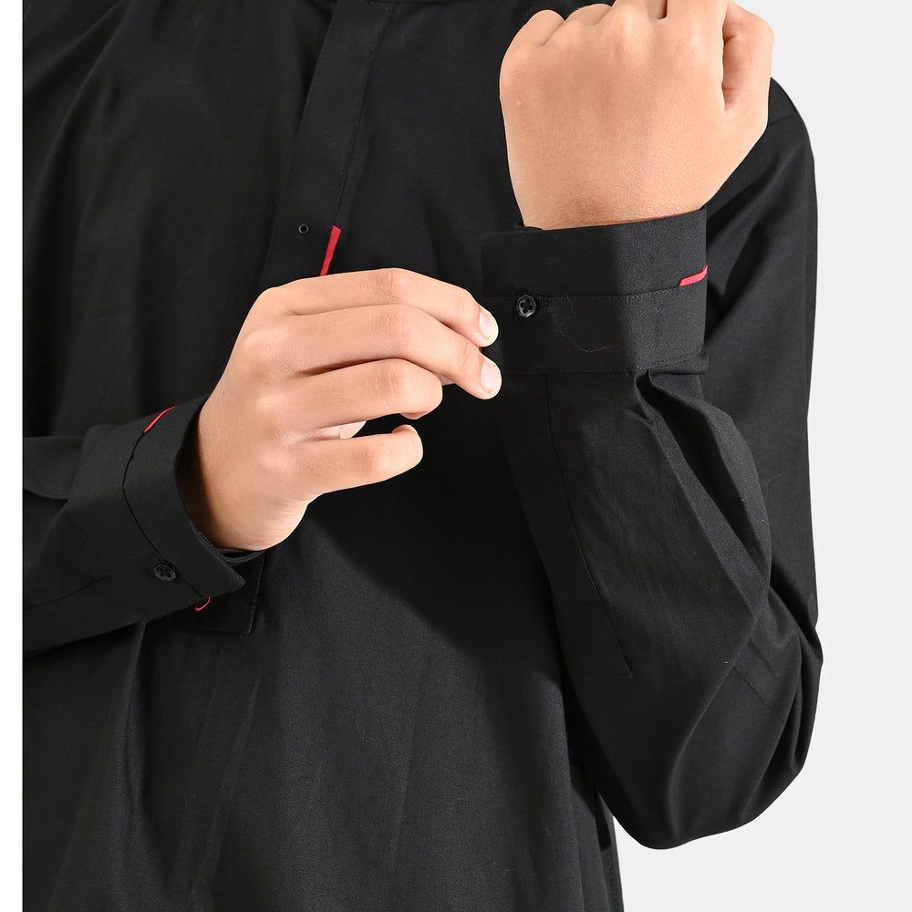 Boys Cotton Poplin Kurta Pajama (Black Studs)-BLACK