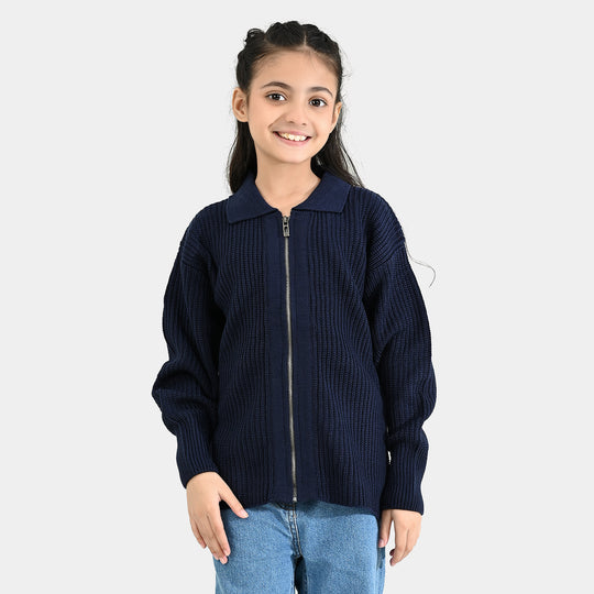 Girls Acrylic Sweater-Zipper-Teal.Blue