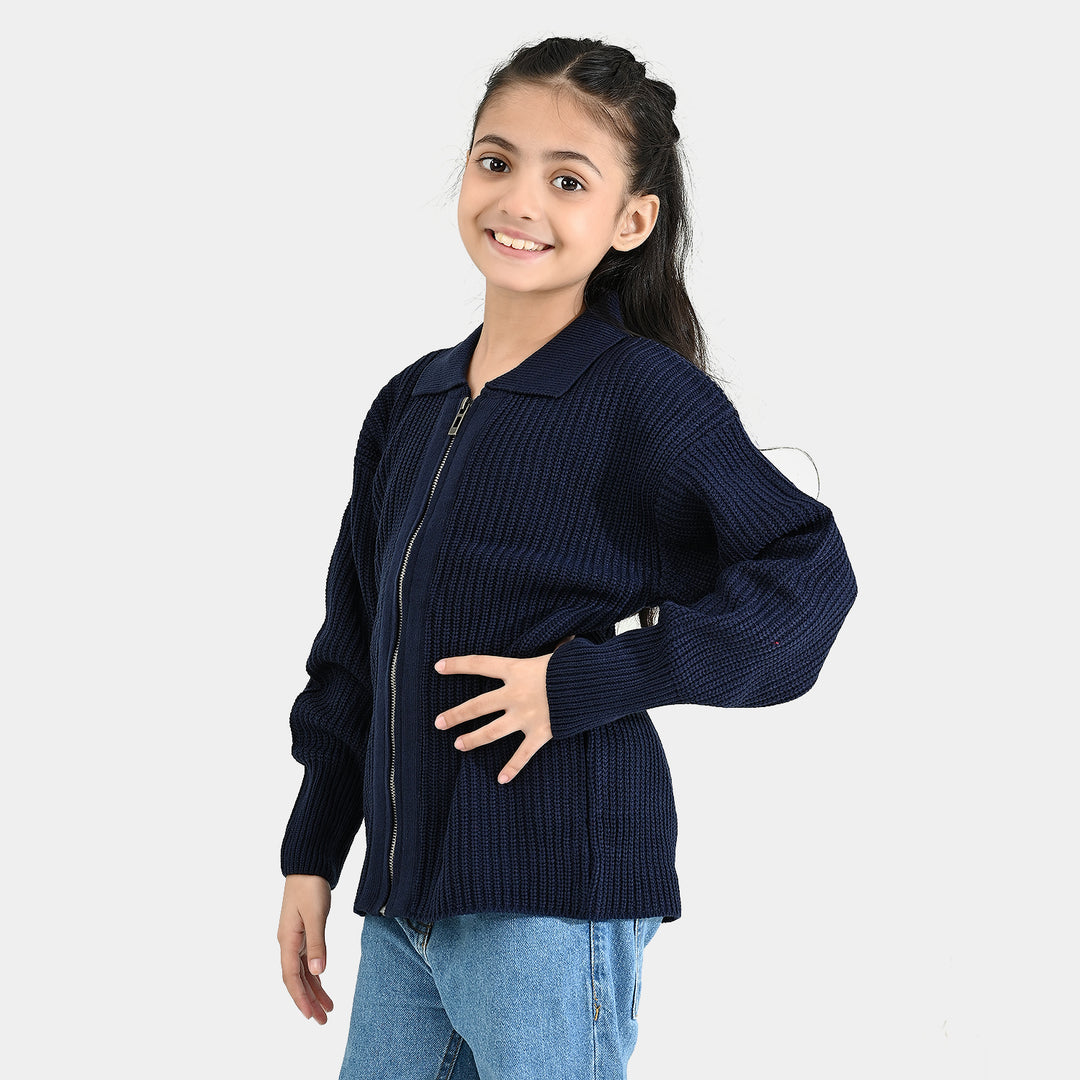 Girls Acrylic Sweater-Zipper-Teal.Blue
