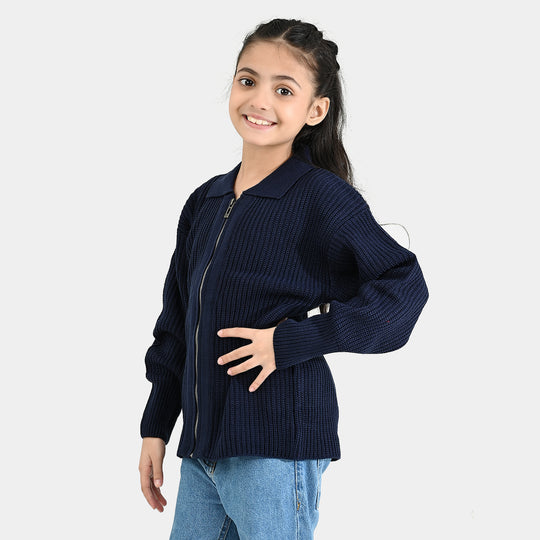 Girls Acrylic Sweater-Zipper-Teal.Blue