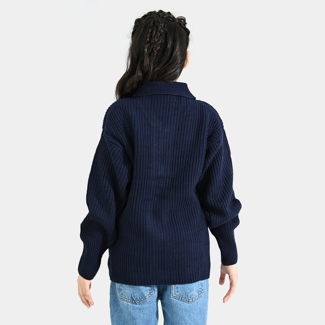 Girls Acrylic Sweater-Zipper-Teal.Blue