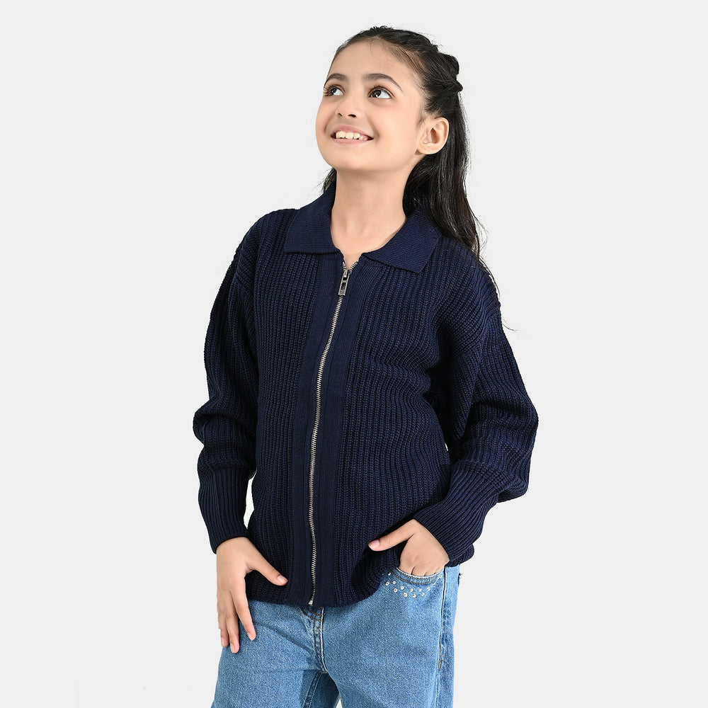 Girls Acrylic Sweater-Zipper-Teal.Blue