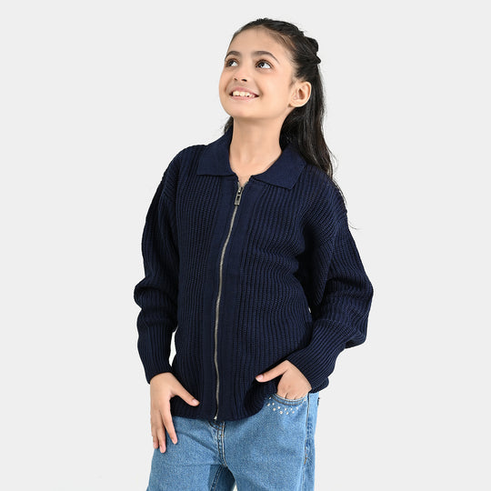 Girls Acrylic Sweater-Zipper-Teal.Blue