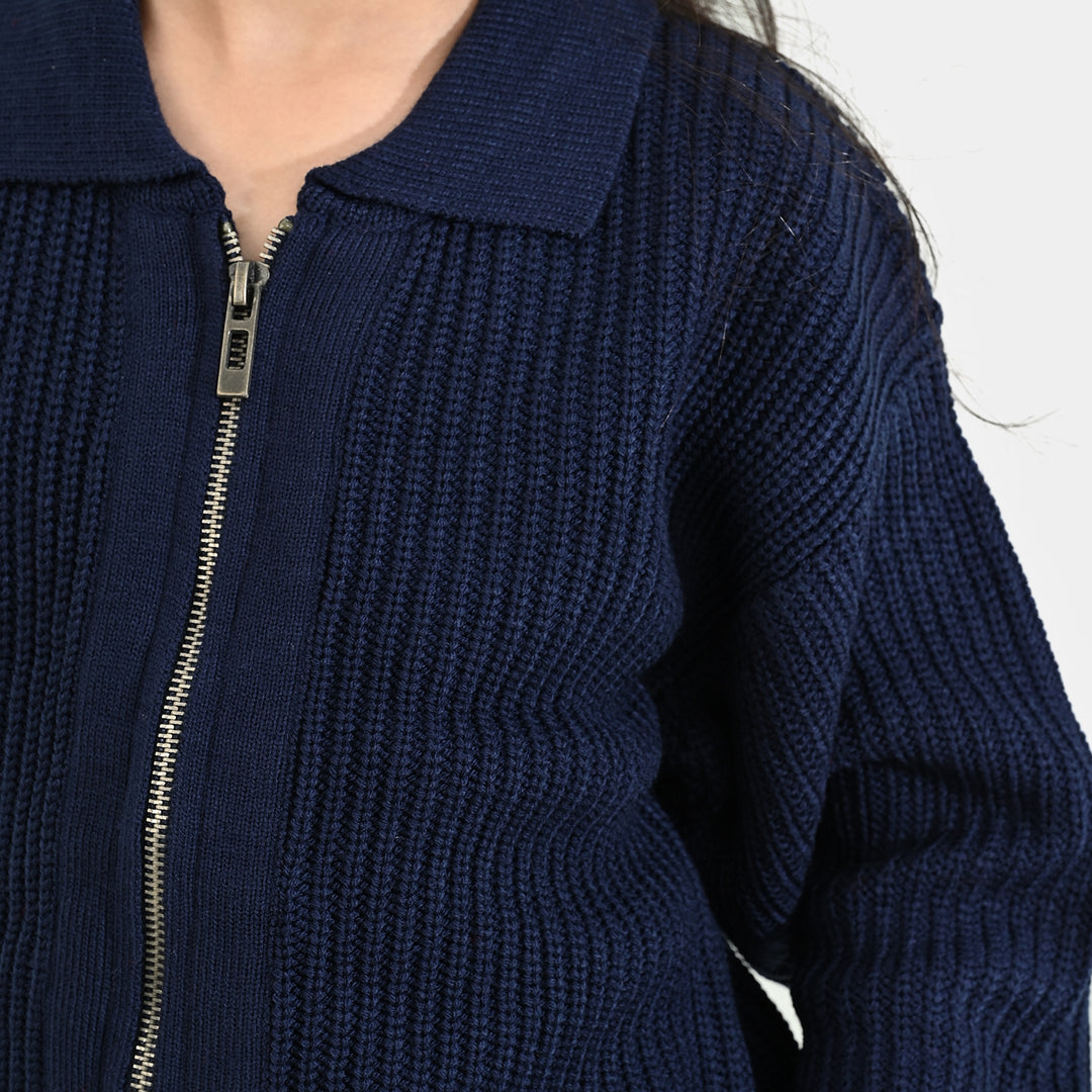 Girls Acrylic Sweater-Zipper-Teal.Blue