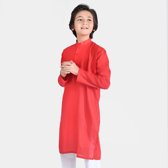 Boys Jacquard Basic Kurta-Red