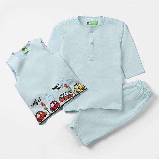 Infant Boys Cotton Slub 3 Piece Suit (Cars)-Ice Blue