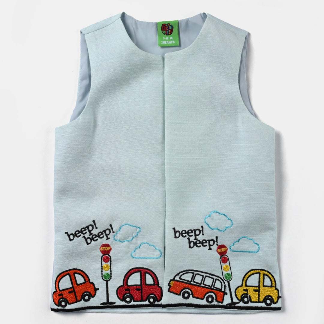 Infant Boys Cotton Slub 3 Piece Suit (Cars)-Ice Blue