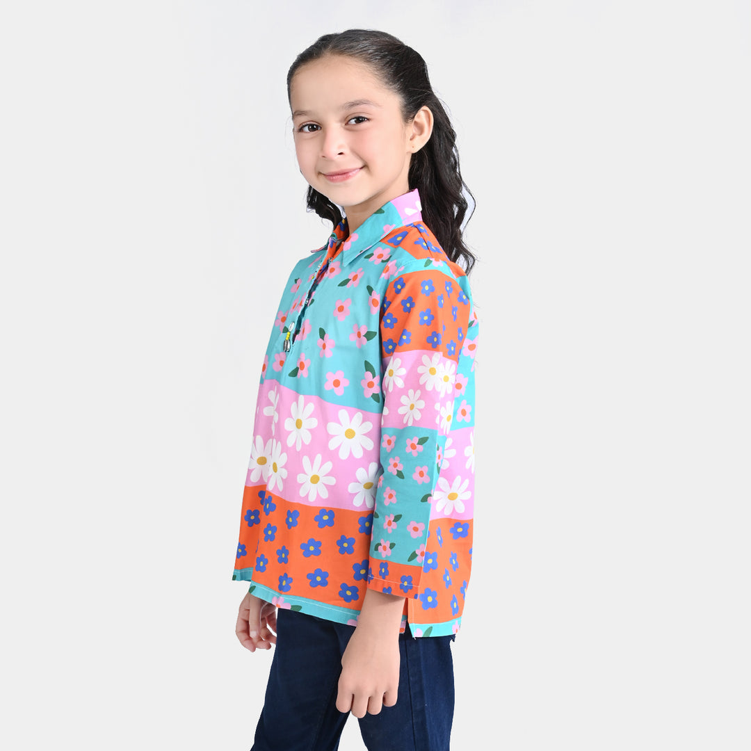 Girls Cotton Poplin Casual Top China Rose-Multi