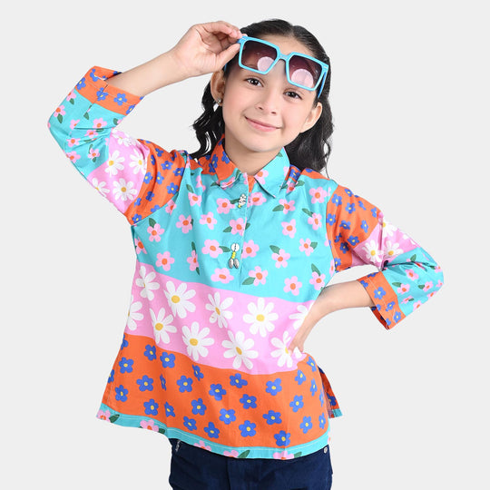 Girls Cotton Poplin Casual Top China Rose-Multi