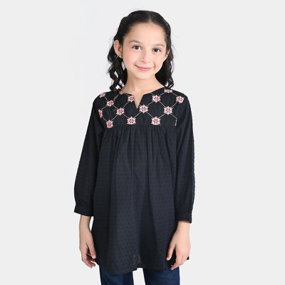 Girls Jacquard Embroidered Frock-BLACK