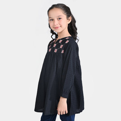 Girls Jacquard Embroidered Frock-BLACK
