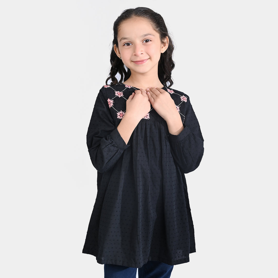 Girls Jacquard Embroidered Frock-BLACK