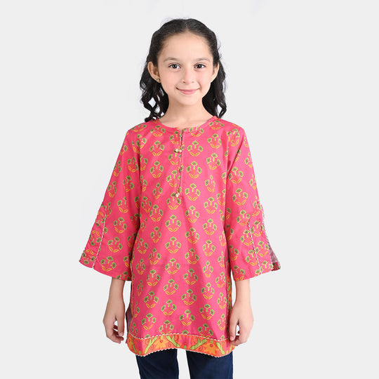 Girls Cotton Poplin Printed Kurti -Pink