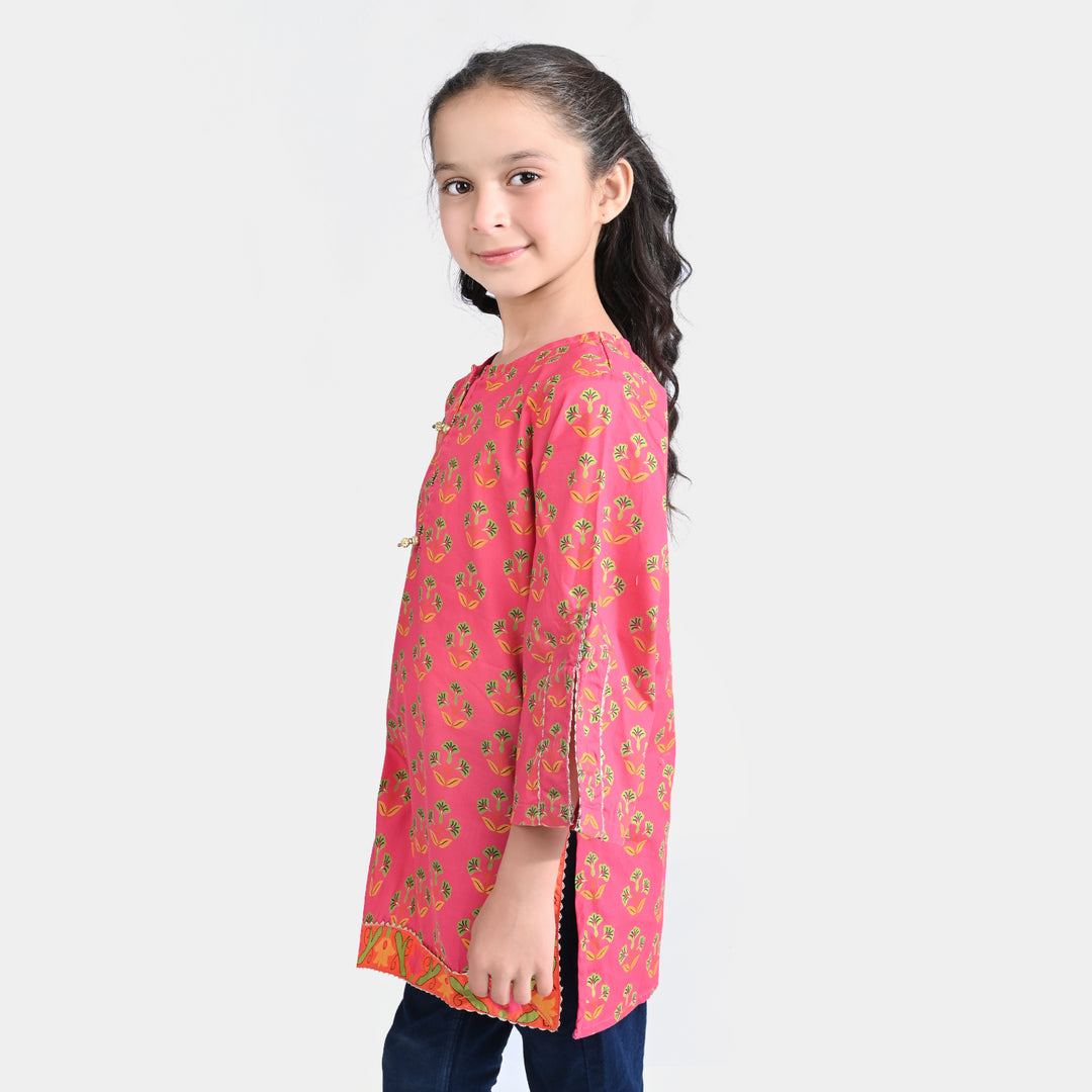 Girls Cotton Poplin Printed Kurti -Pink